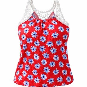 Janette Plus Women’s Floral Crochet Lace Tank Blouse Red Blue Daisy  Size 1XL